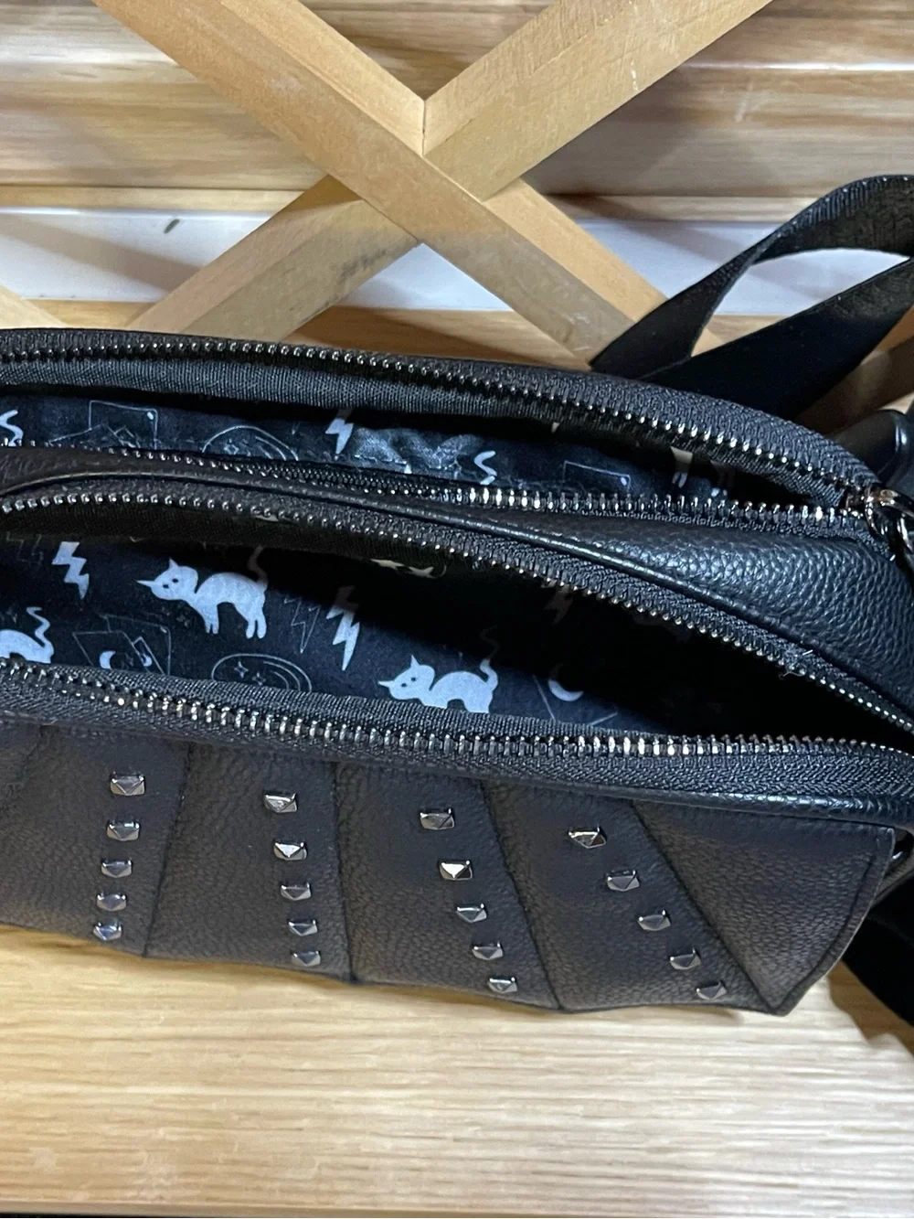 RadRev Edgy Crossbody in Black / Studded Batwing Scalloped Magnetic Flap
